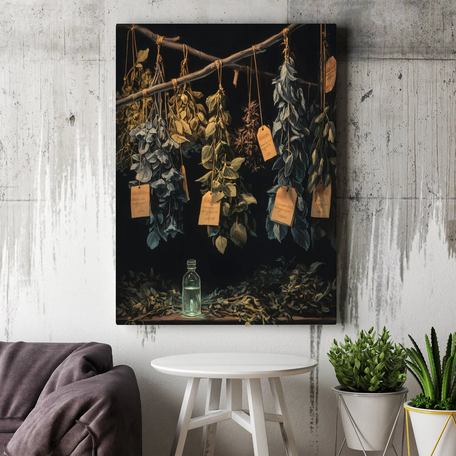 Apothecary Herb Drying Canvas Wall Art | Witchy Botanical Still Life | Premium Fade-Resistant Gallery Wrap | Gothic Kitchen Decor Gift
