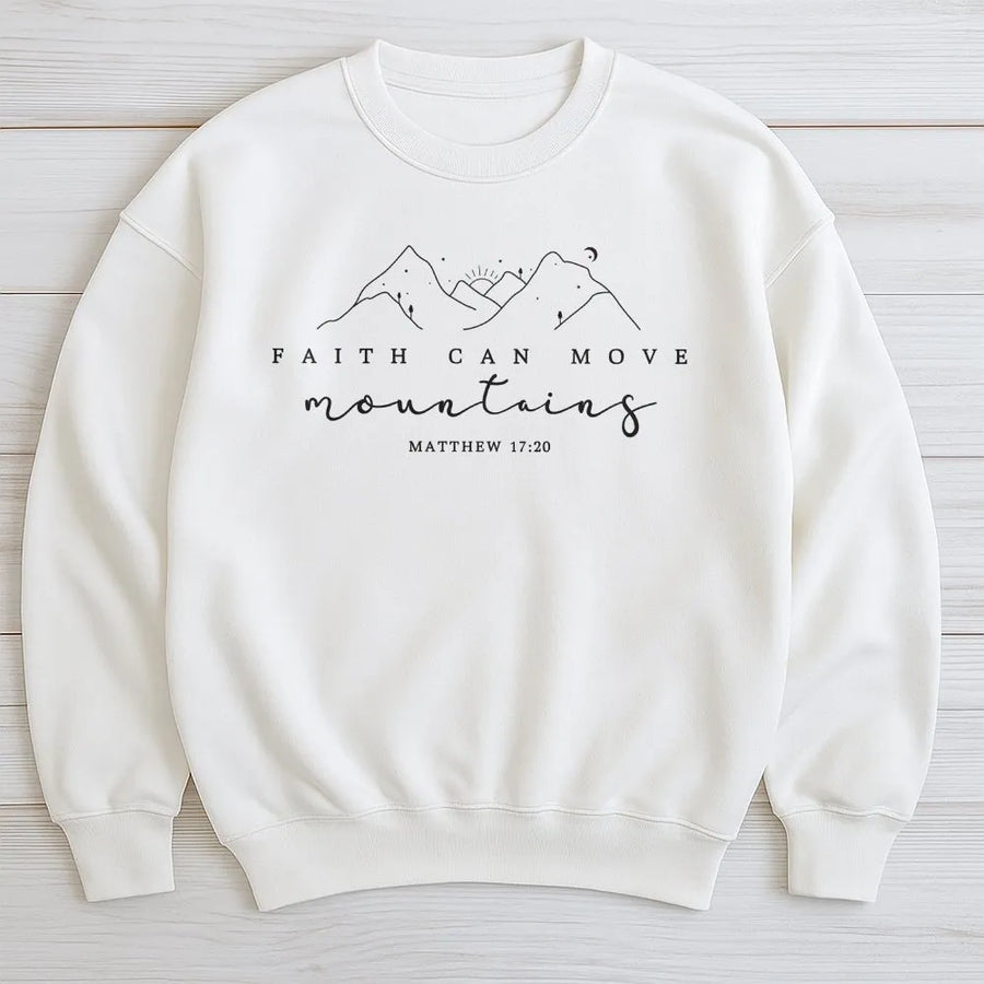 Faith Can Move Mountains Sweatshirt | Matthew 17:20 Minimalist Mountain Art | Premium Soft Cotton | Inspirational Gift for Christians