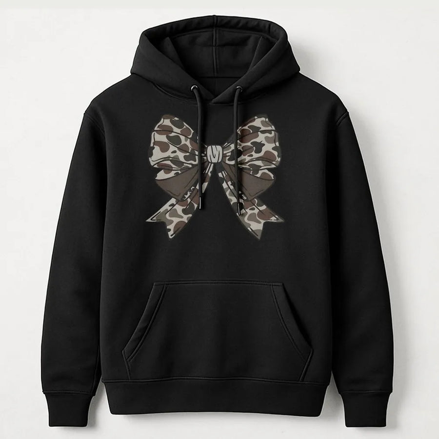Camo Bow Hoodie | Trendy Coquette Aesthetic Graphic | Premium Cotton Blend | Gift For Women Hunting Enthusiasts
