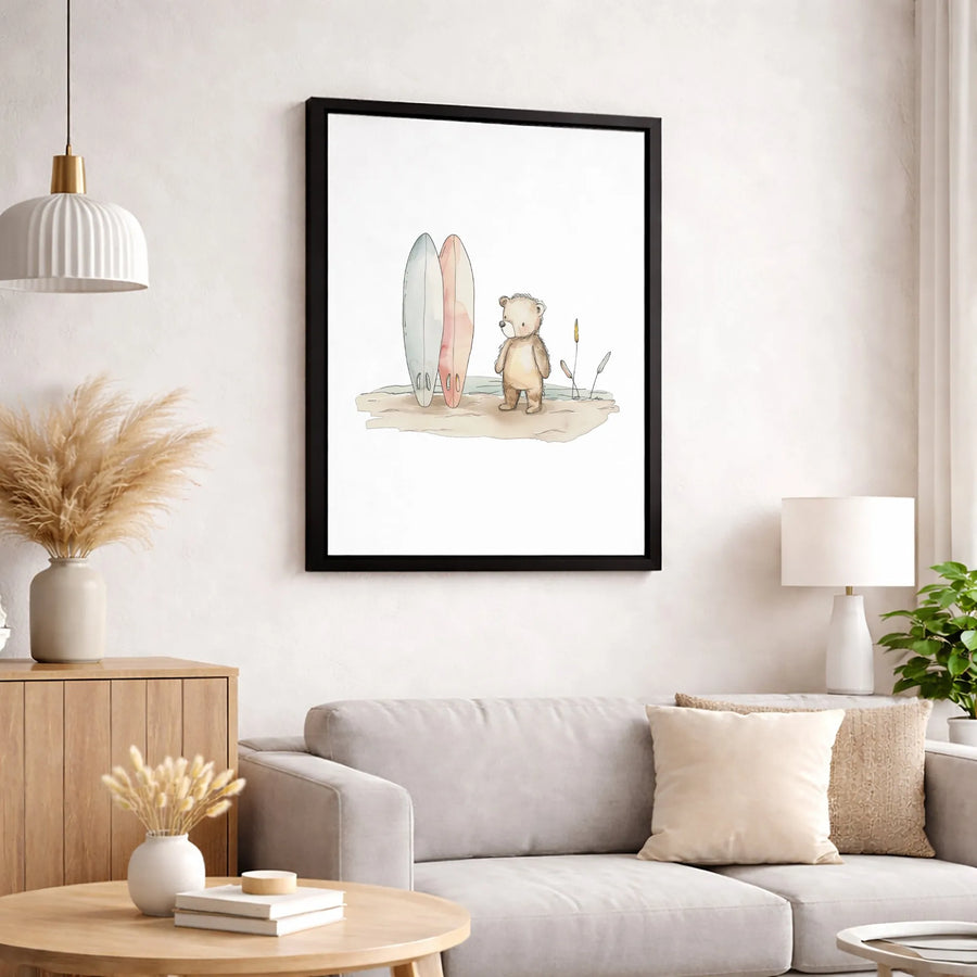 Beach Bear Canvas Wall Art | Watercolor Teddy Bear with Surfboards | Premium Gallery-Wrapped Print | Nursery Decor and Coastal Gift