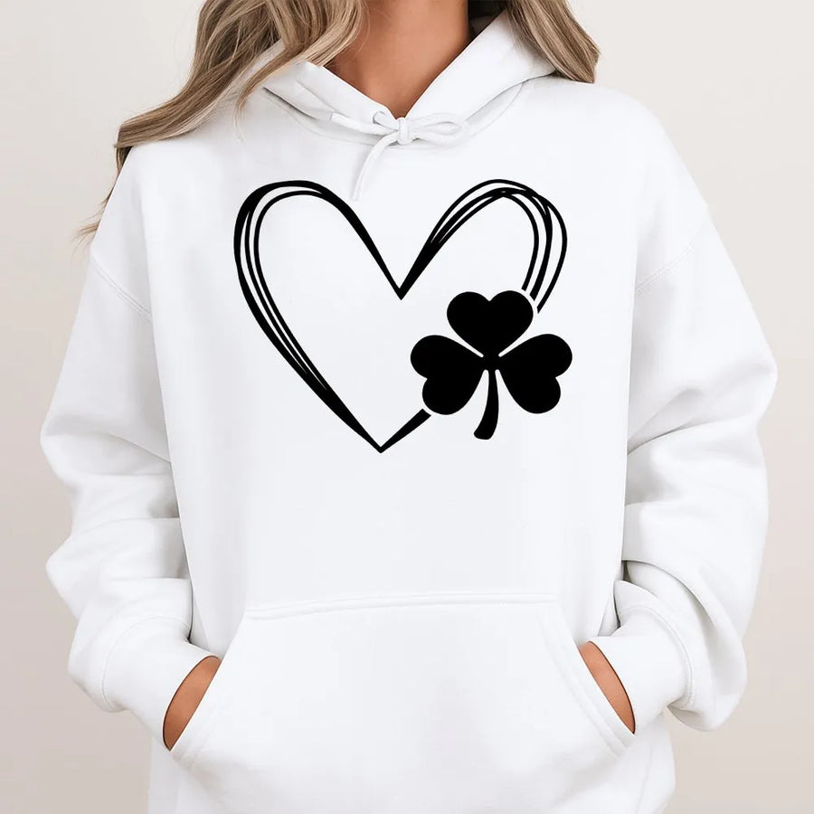 St. Patrick's Day Shamrock Heart Hoodie | Minimalist Lucky Clover Graphic | Soft Cotton-Polyester Blend | Cozy Gift for Irish Culture Fans