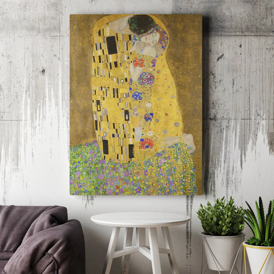 Gustav Klimt The Kiss Canvas Wall Art | Famous Art Nouveau Masterpiece Reproduction | Premium Gallery Wrap Print | Elegant Home Office Decor