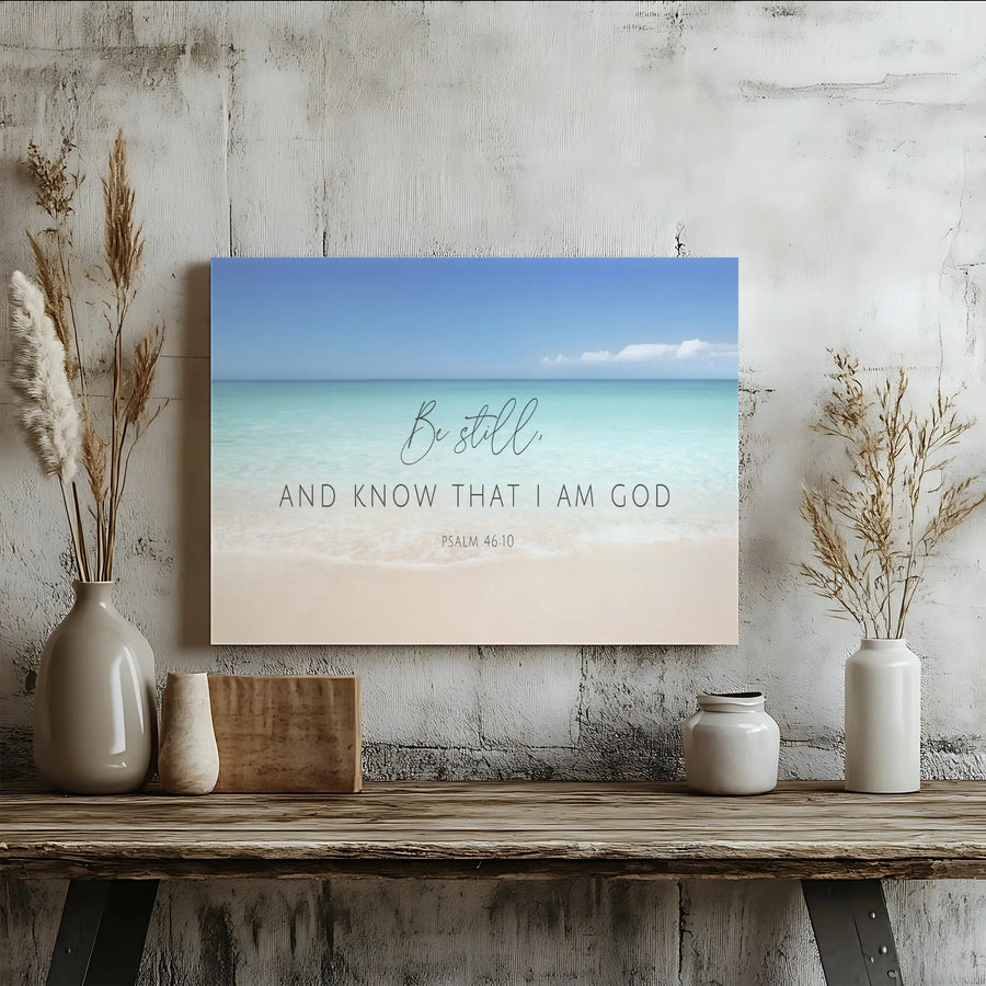Psalm 46 10 Scripture Horizontal Canvas | Be Still Beach Ocean Scene Wall Art | Fade-Resistant Gallery Wrap | Encouragement Gift, Christian Home Decor
