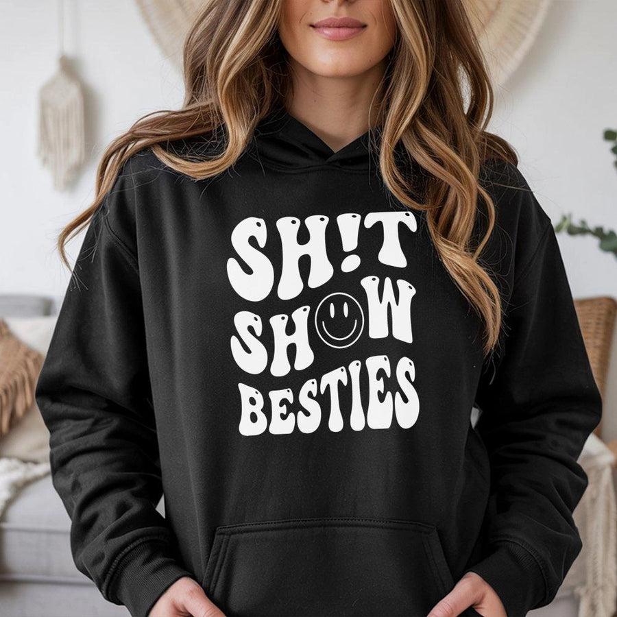 Shit Show Besties Hoodie | Retro Wavy Font Smiley Face Design | Premium Cotton Blend | Funny Matching Best Friend Gift for Women