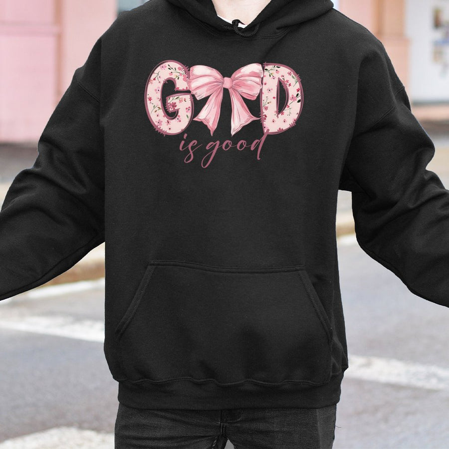 God Is Good Hoodie | Floral Bow Graphic Christian Apparel | Premium Cotton Blend | Faith-Based Religious Gift for Women