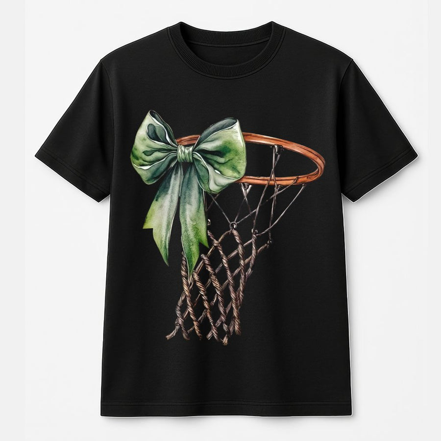 Basketball Mom T-Shirt | Aesthetic Hoop With Green Ribbon Design | Premium 100% Cotton Tee | Trendy Sport Game Day Apparel Gift