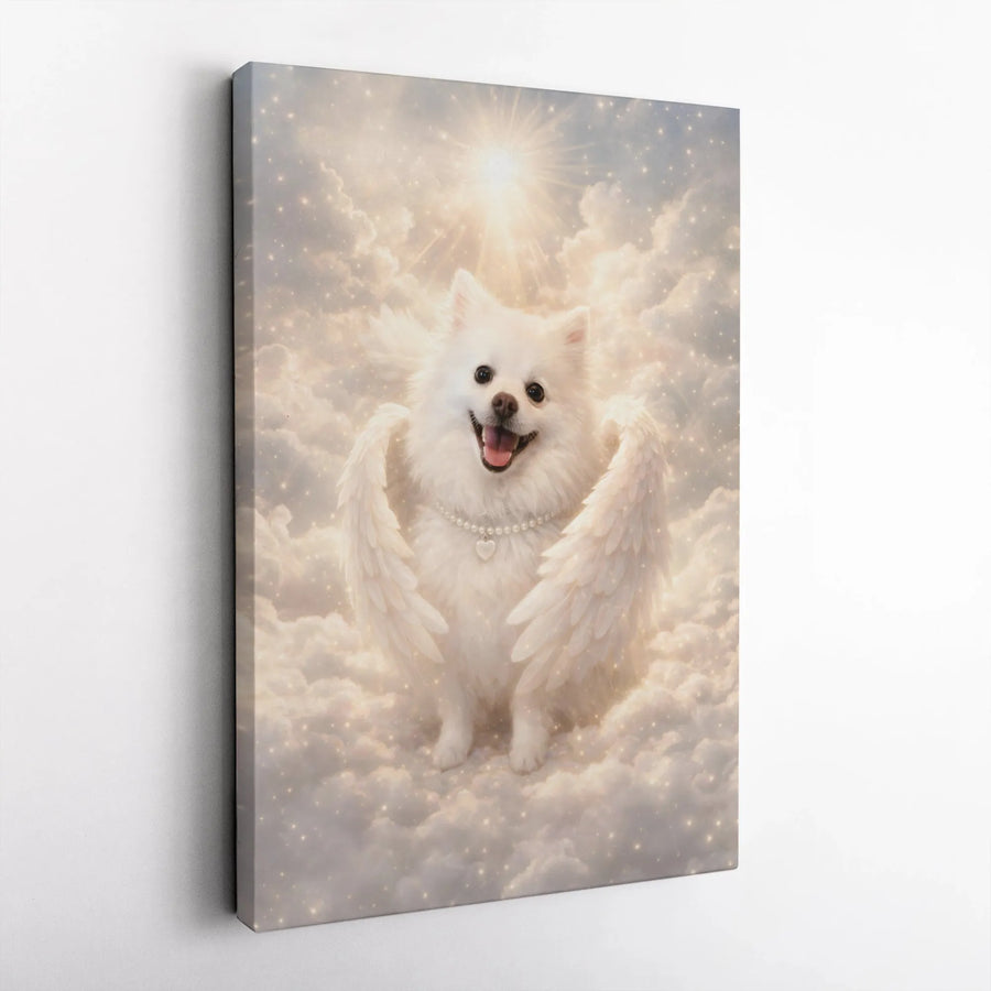 Dog Memorial Canvas Wall Art | Smiling Pomeranian with Angel Wings in Heaven | Premium Gallery Wrapped Canvas | Pet Loss Sympathy Gift for Dog Lovers