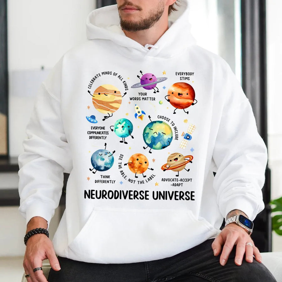 Neurodiverse Universe Hoodie | Cute Space Planet Graphic | Soft Cotton Tee | Gift for Special Education Teacher