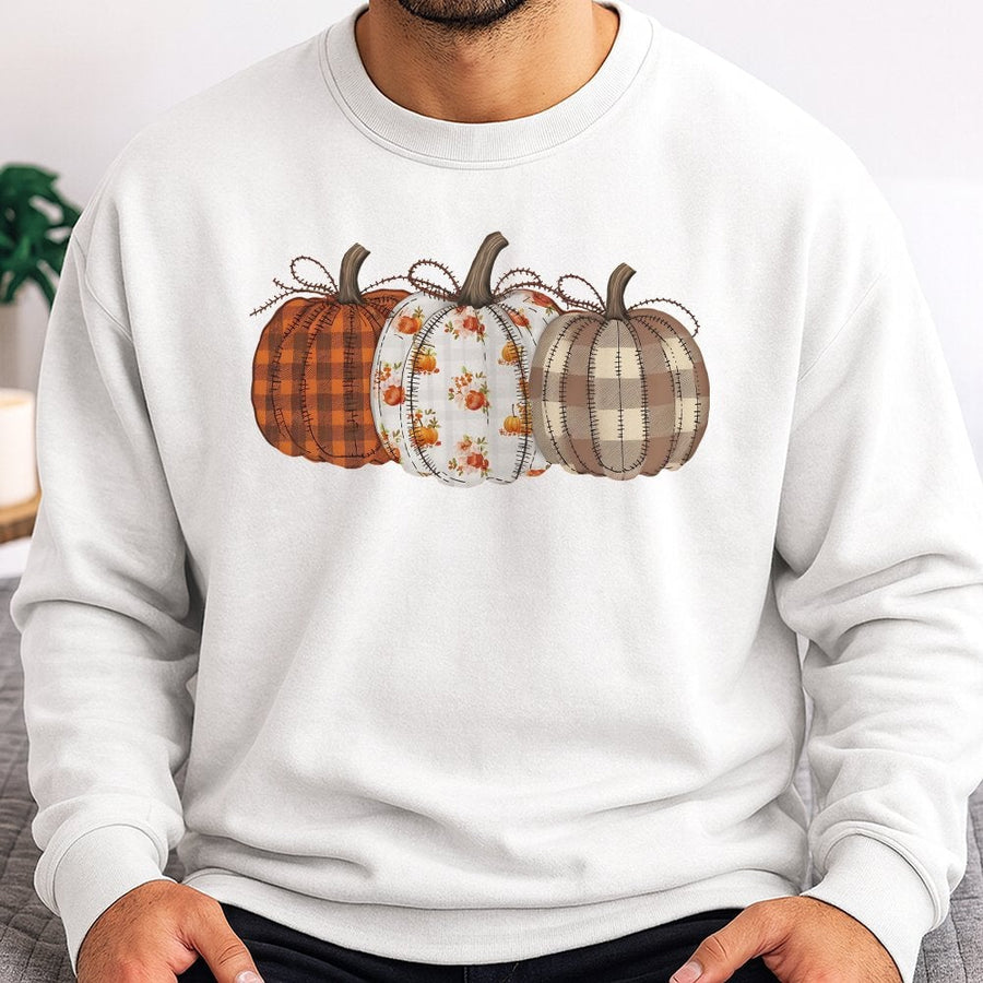 Pumpkin Sweatshirt | Patchwork Boho Fall Design | Premium Cotton Blend | Cute Autumn Harvest Gift for Women