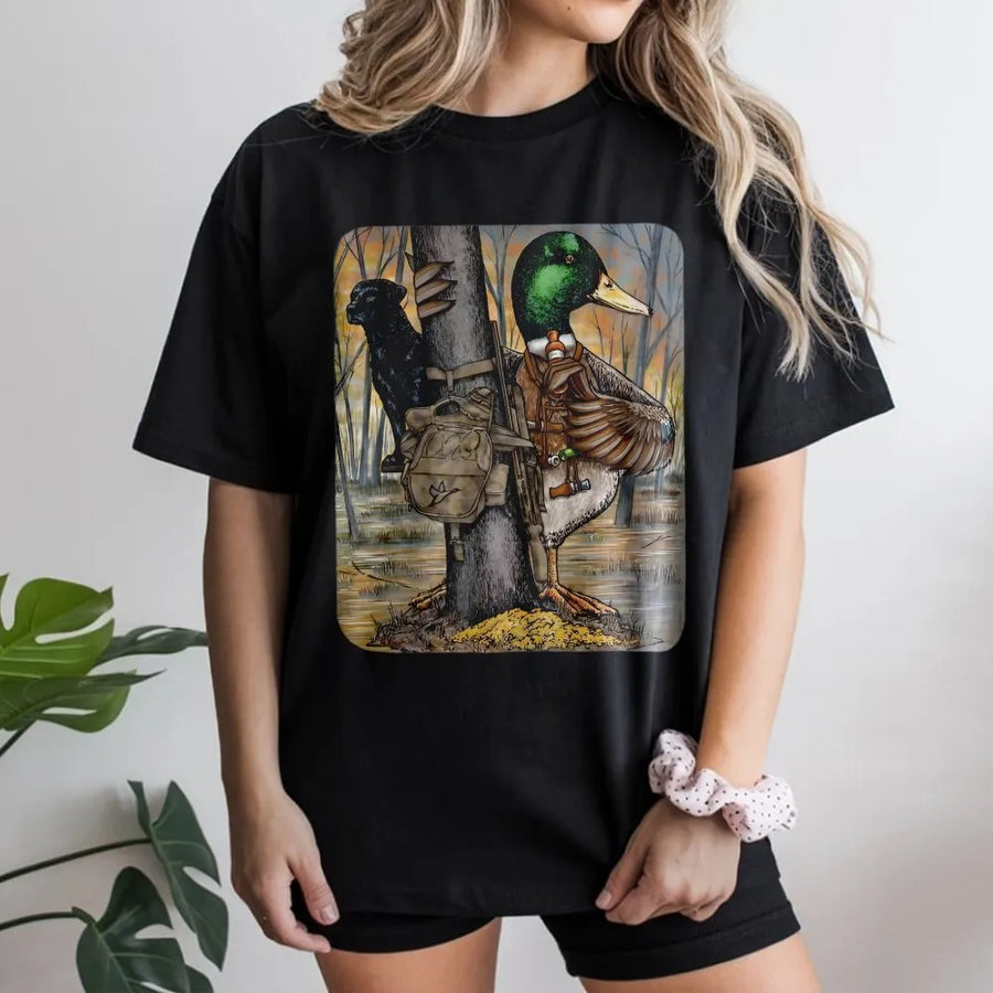 Tactical Duck Hunting T-Shirt | Mallard and Labrador Retriever Graphic | Premium Cotton Apparel | Gift for Duck Hunters and Outdoorsmen