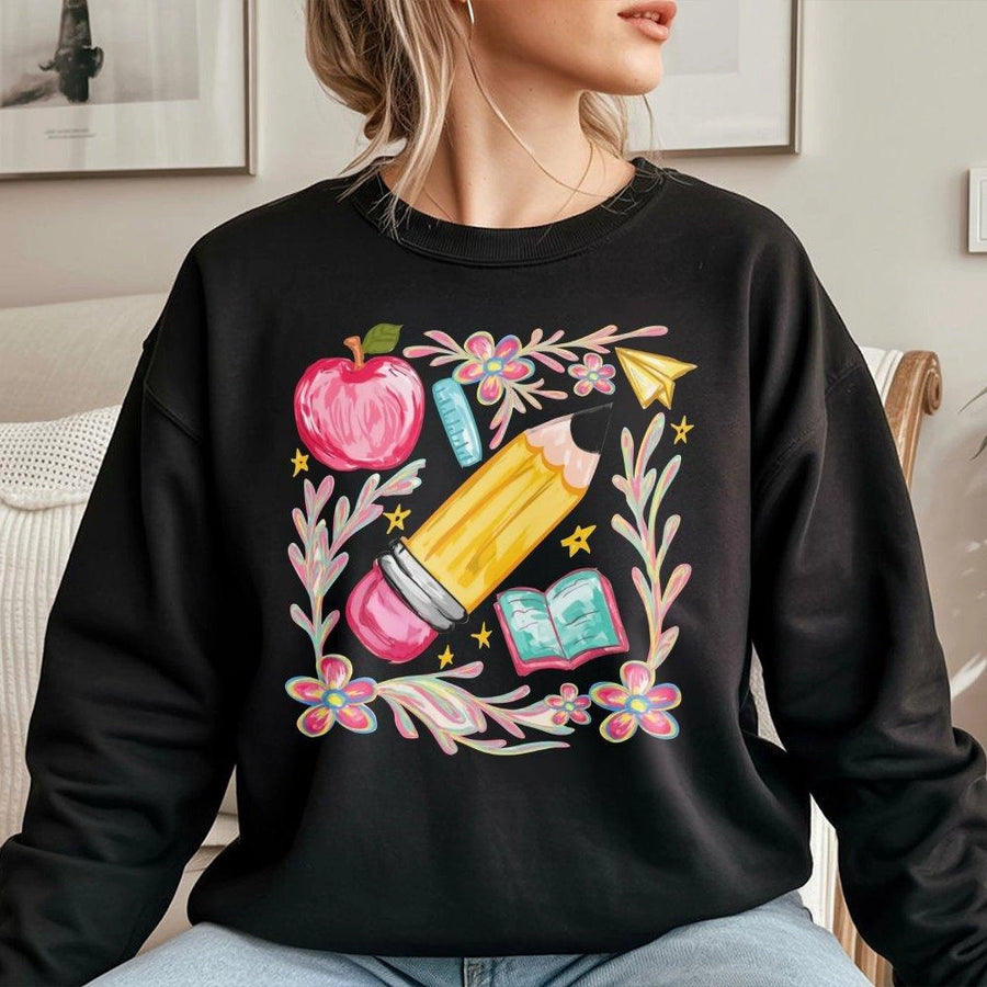 Teacher Appreciation Sweatshirt | Floral School Supplies Graphic | Soft Cotton Blend Crewneck | Cute Back To School Gift For Educators