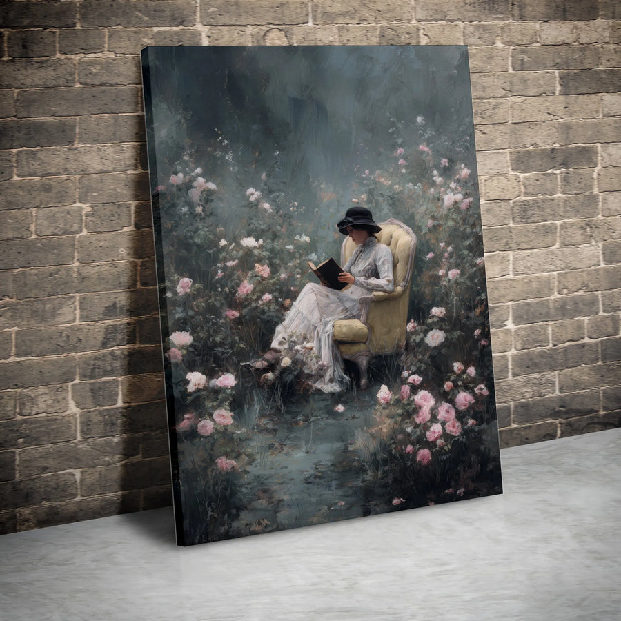 Victorian Woman Reading Canvas Wall Art | Moody Rose Garden Portrait | Premium Fade-Resistant Print | Elegant Gift for Book Lovers & Home Decor