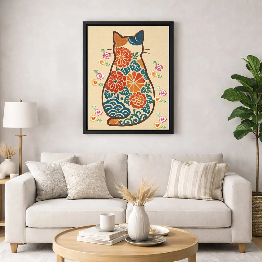 Japanese Calico Cat Wall Art | Floral Chrysanthemum & Wave Design | Premium Fade-Resistant Canvas | Unique Cat Lover Home Decor Gift