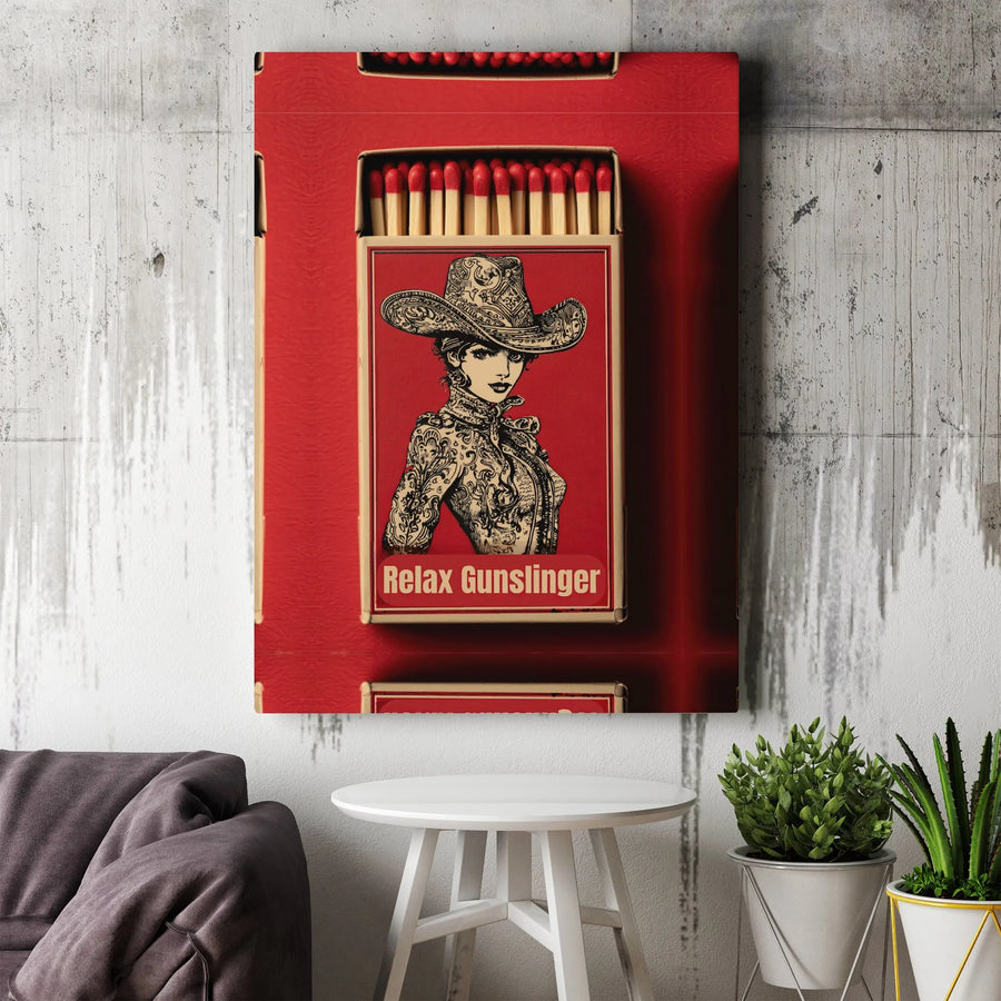 Relax Gunslinger Cowgirl Canvas Wall Art | Vintage Matchbox Poster Design | Premium Fade-Resistant Print | Western Home Decor Gift