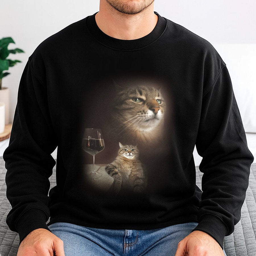 Funny Cat Meme Sweatshirt | Retro Wine Drinking Kitty Graphic | Premium Cotton Blend | Gift for Cat Lovers & Meme Enthusiasts