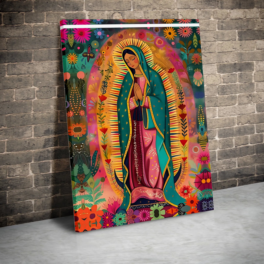 Our Lady of Guadalupe Canvas Art | Vibrant Floral Folk Art Illustration | Premium Canvas Print | Catholic Home Decor Gift