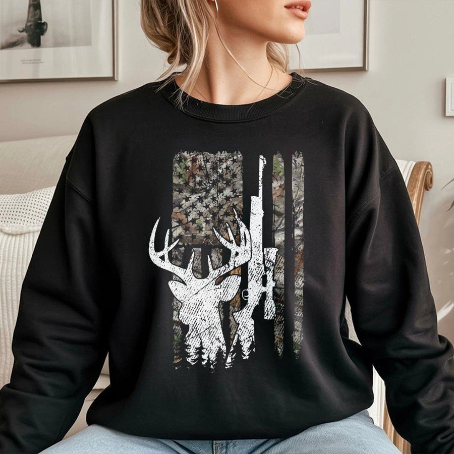 Deer Hunting Sweatshirt | Camo American Flag Buck Graphic | Premium Cotton Blend Crewneck | Outdoor Hunter Gift For Men & Women