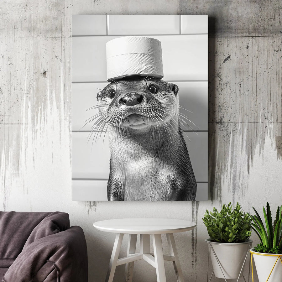 Funny Otter Wall Art | Otter with Toilet Paper Hat Portrait | Premium Gallery Canvas | Unique Bathroom Decor Gift