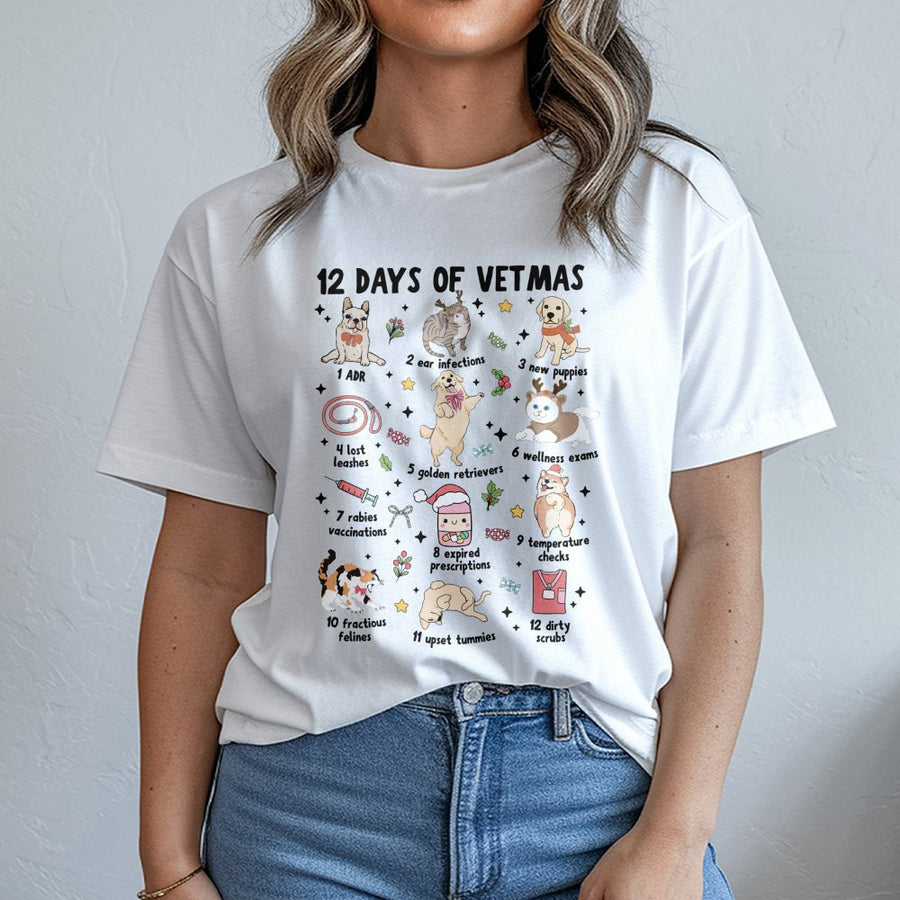 12 Days of Vetmas T-Shirt | Funny Veterinary Technician Christmas Graphic | Premium Soft Cotton Tee | Perfect Vet Staff Holiday Gift