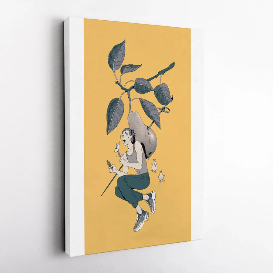 Surreal Pear Adventure Vertical Canvas | Whimsical Anime Illustration Wall Art | Premium Thick Gallery Wrap | Modern Home Decor Gift for Anime Fans