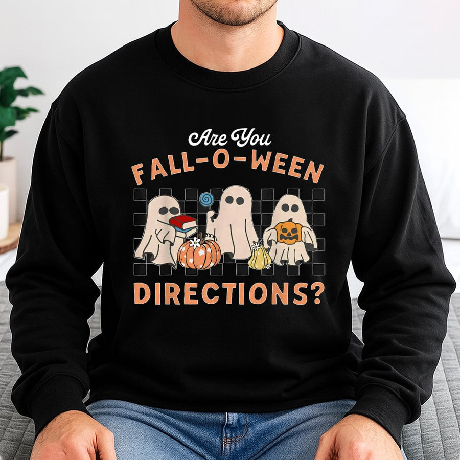 Are You Fall-O-Ween Directions Sweatshirt | Retro Ghost Pumpkin Graphic | Soft Cotton Polyester Blend | Funny Teacher Halloween Gift