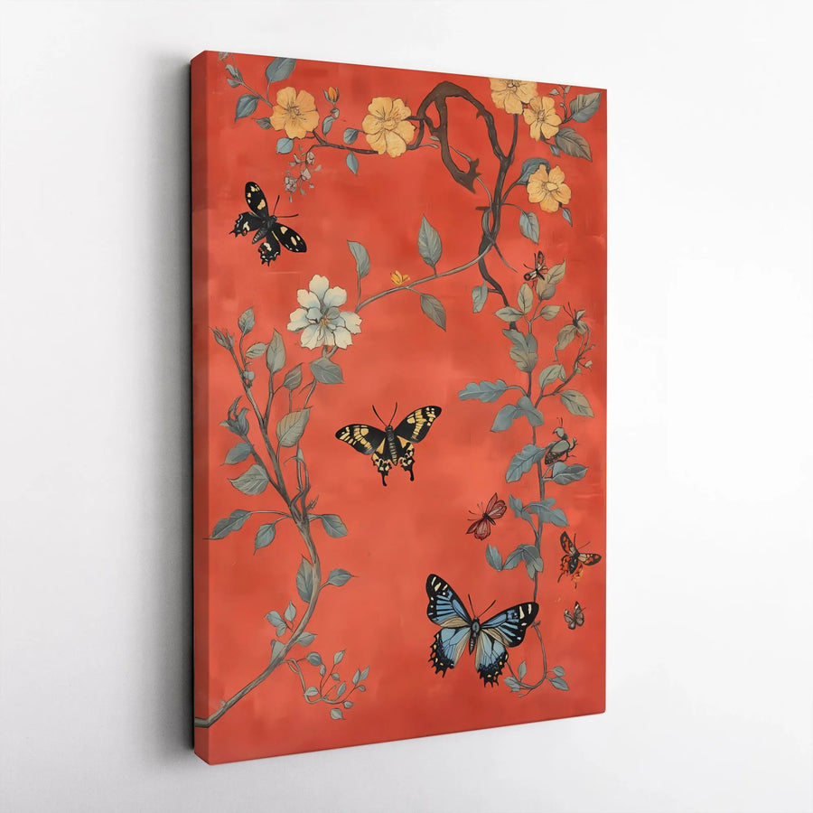 Vintage Butterfly Canvas Art | Red Chinoiserie Floral & Butterfly Print | Premium Gallery Wrapped Canvas | Elegant Home Decor Gift