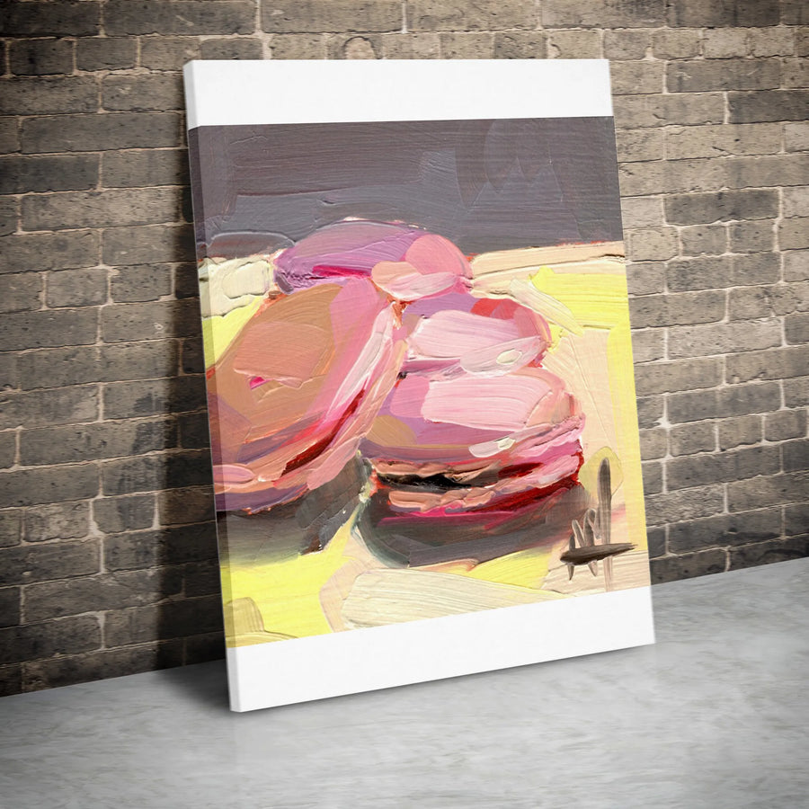 Raspberry Macaroon Vertical Canvas | Textured Impasto Style Painting | Premium Gallery Wrap Print | Modern Kitchen or Bakery Wall Decor