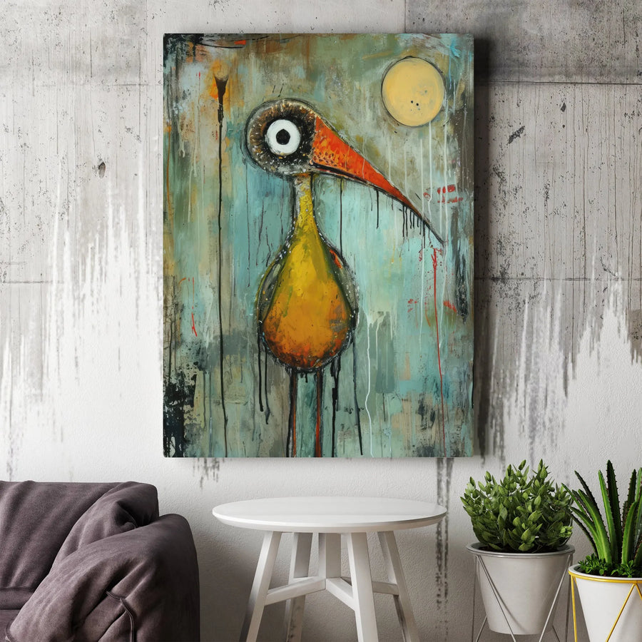Abstract Bird Wall Art | Quirky Yellow Bird With Big Eye Painting | Premium Canvas Print | Unique Gallery-Quality Decor For Modern Home Or Office