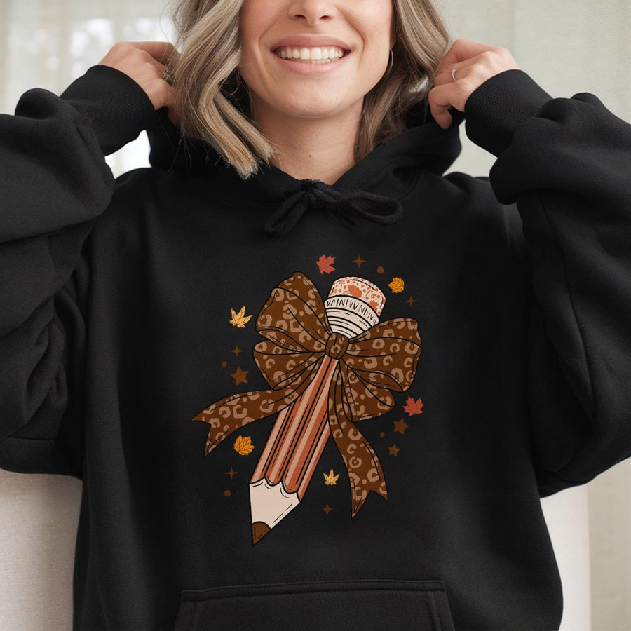 Teacher Fall Hoodie | Leopard Print Pencil Bow Graphic | Soft Cotton-Blend | Coquette Aesthetic Autumn Gift for Teachers