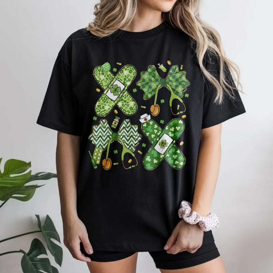 St. Patrick's Day Nurse T-Shirt | Lucky Shamrock Medical Bow Graphic | Premium Soft Cotton Tee | Gift for Healthcare Workers, RNs, Doctors