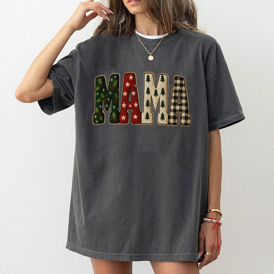 Christmas Mama T-Shirt | Plaid And Tree Holiday Graphic | 100% Premium Cotton Tee | Festive Women's Gift For Mom