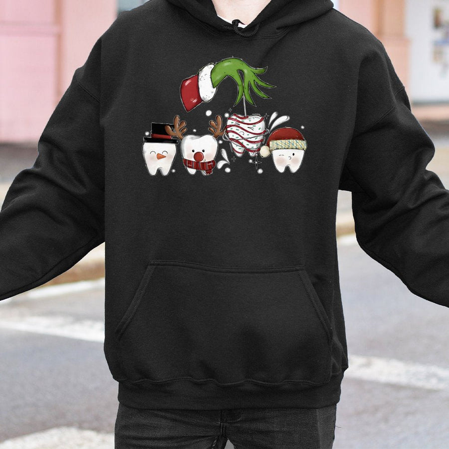 Dentist Christmas Hoodie | Funny Tooth Characters Holiday Graphic | Cotton-Poly Blend Premium Apparel | Dental Hygienist Gift Idea