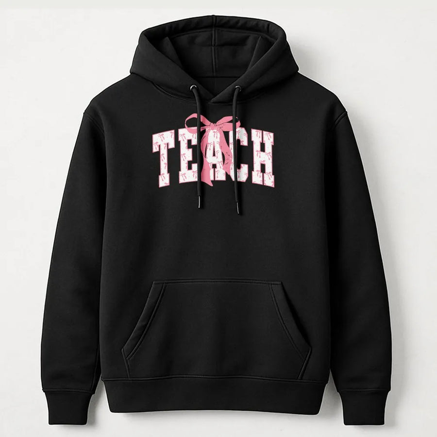 Teach Bow Hoodie | Aesthetic Coquette Teacher Apparel | Premium Soft Cotton Blend | Cute Teacher Appreciation Gift for Women and Educators