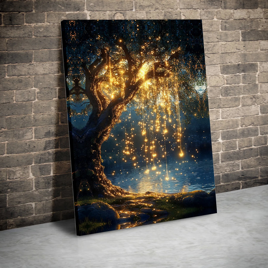 Enchanted Tree of Life Canvas | Magical Forest with Glowing Waterfall Lights | Premium Fade-Resistant Print | Mystical Bedroom & Living Room Decor Gift