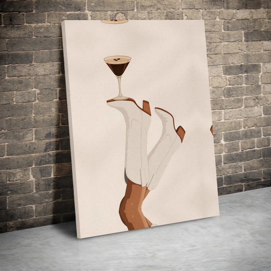 Espresso Martini Wall Art | White Cowboy Boots Print | Premium Gallery Wrapped Canvas | Western Bar Cart Decor & Aesthetic Kitchen Gift