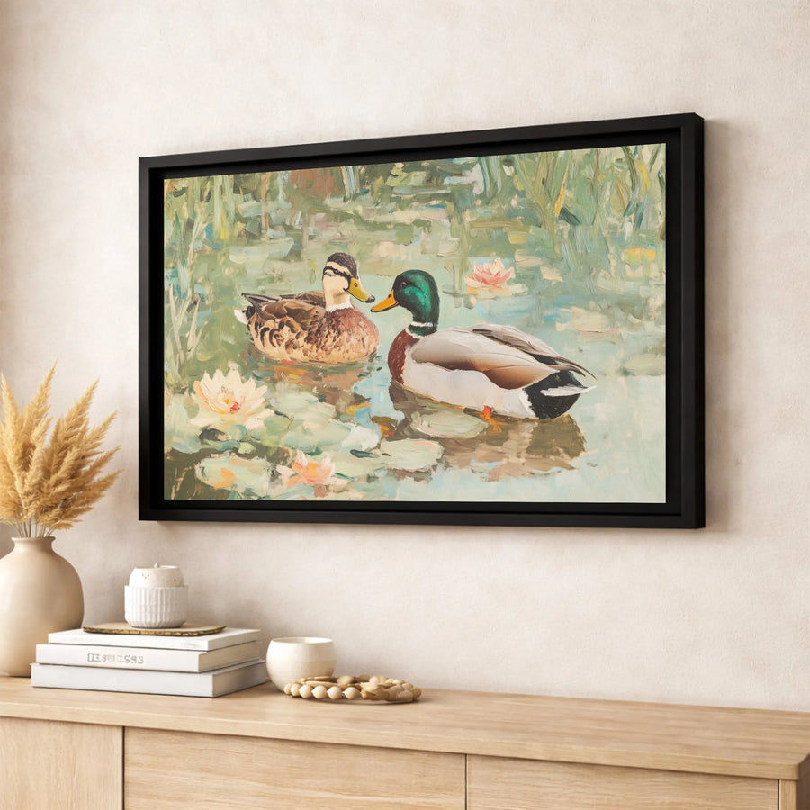 Mallard Duck Canvas Wall Art | Impressionist Pond Landscape with Water Lilies | Premium Gallery-Wrapped Print | Nature Lover Home Decor Gift