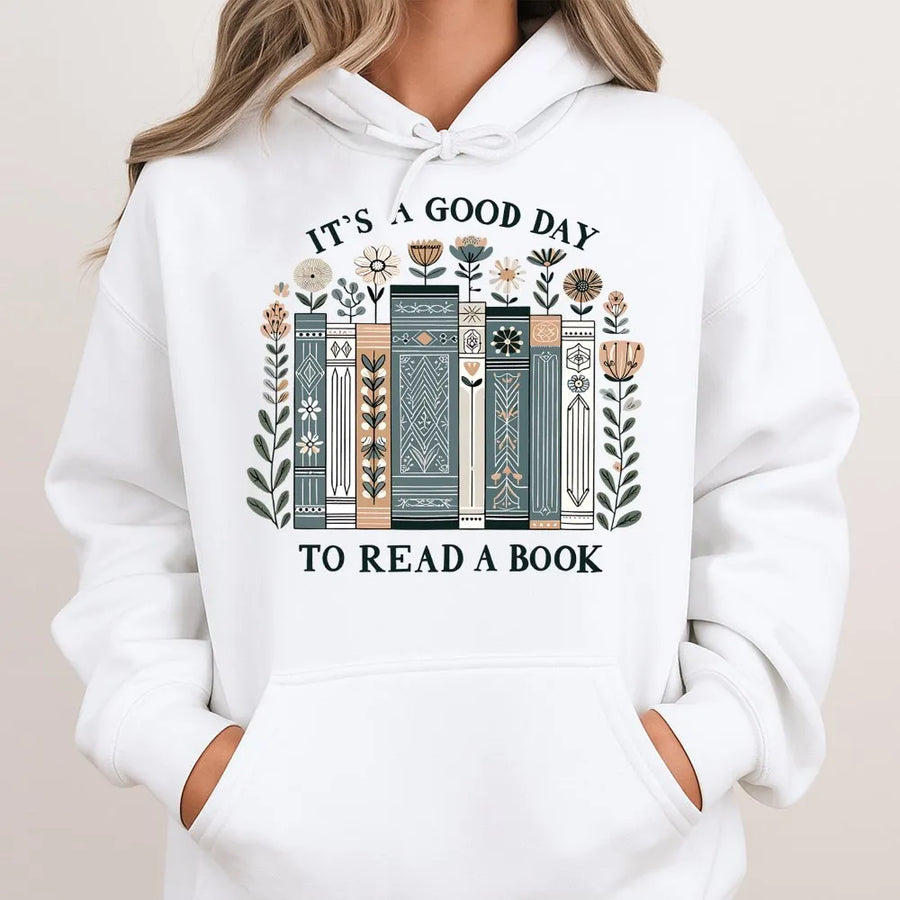 It’s A Good Day To Read A Book Hoodie | Floral Bookshelf Graphic | Premium Cotton Blend | Gift For Librarian, English Teacher, Reader