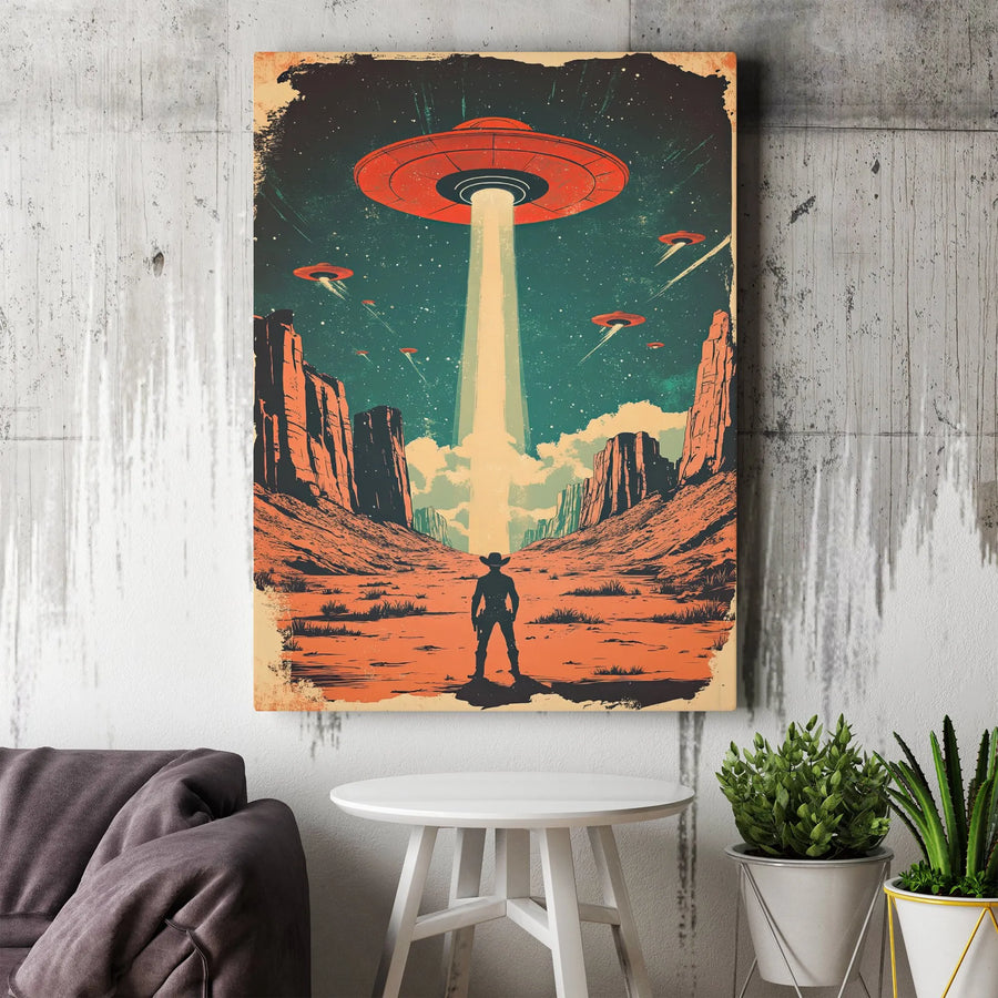 Retro Sci-Fi Canvas Wall Art | Vintage Cowboy & Alien Invasion Poster | Premium Thick Gallery Wrap | Collector's Gift for UFO Fans