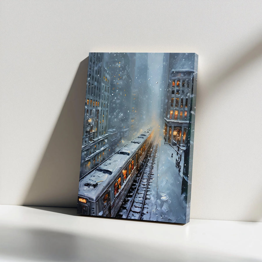 Snowy City Train Canvas Wall Art | Impressionist Urban Winter Landscape | Premium Gallery Wrap Decor | Ready To Hang Gift For City Lovers