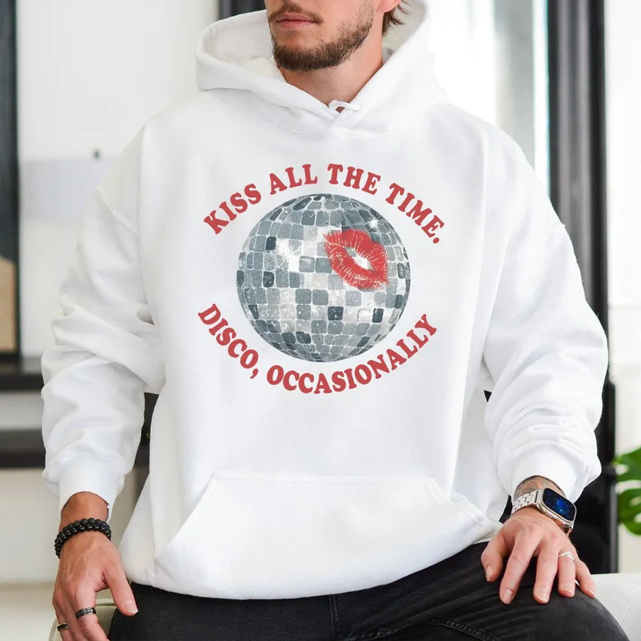 Retro Disco Ball Hoodie | Kiss All The Time Graphic | Soft Cotton Crewneck | Y2K Concert Gift for Women