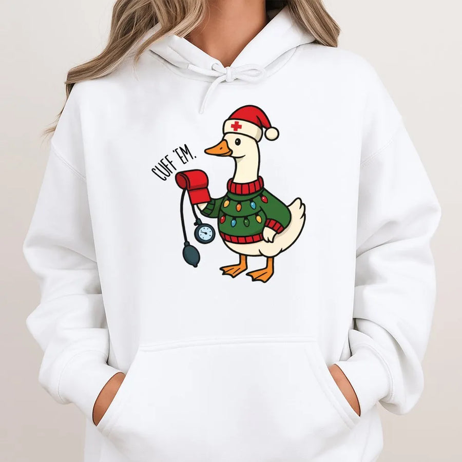 Nurse Christmas Hoodie | Cuff Em Funny Goose Design | Premium Cotton Blend Pullover | Cute Holiday Gift for Nurses and Nursing Students