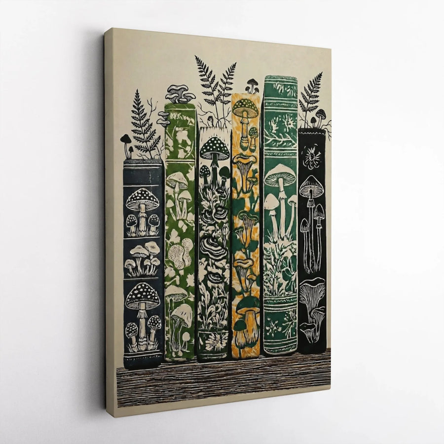 Mushroom Bookshelf Canvas | Vintage Botanical Fungi & Fern Art | Premium Gallery Wrapped Canvas | Cottagecore Decor Gift for Book Lover