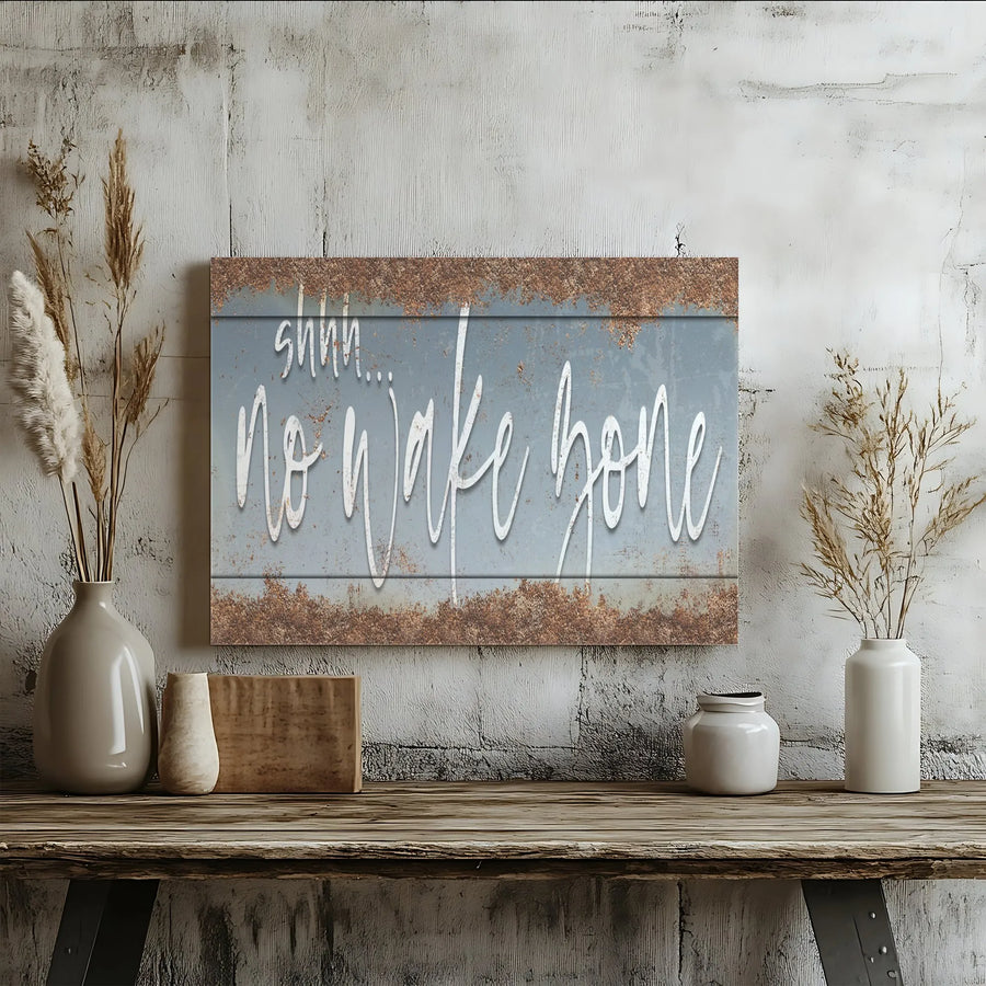 Shhh No Wake Zone Canvas Wall Art | Rustic Farmhouse Metal Texture Print | Premium Gallery Wrap 1.25 Inch Thick | Lake House Decor Gift For Boat Owners