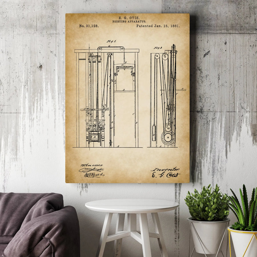 E. G. Otis Elevator Patent Print | Vintage Hoisting Apparatus Technical Drawing | Premium Gallery Canvas | Engineering Gift for Architect or Office Decor