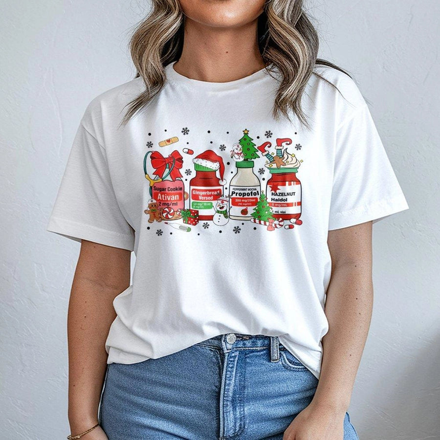 Christmas Nurse T-Shirt | Festive Medical Medication Vials Design | Premium Soft Cotton Tee | Funny ICU RN Gift For Holidays