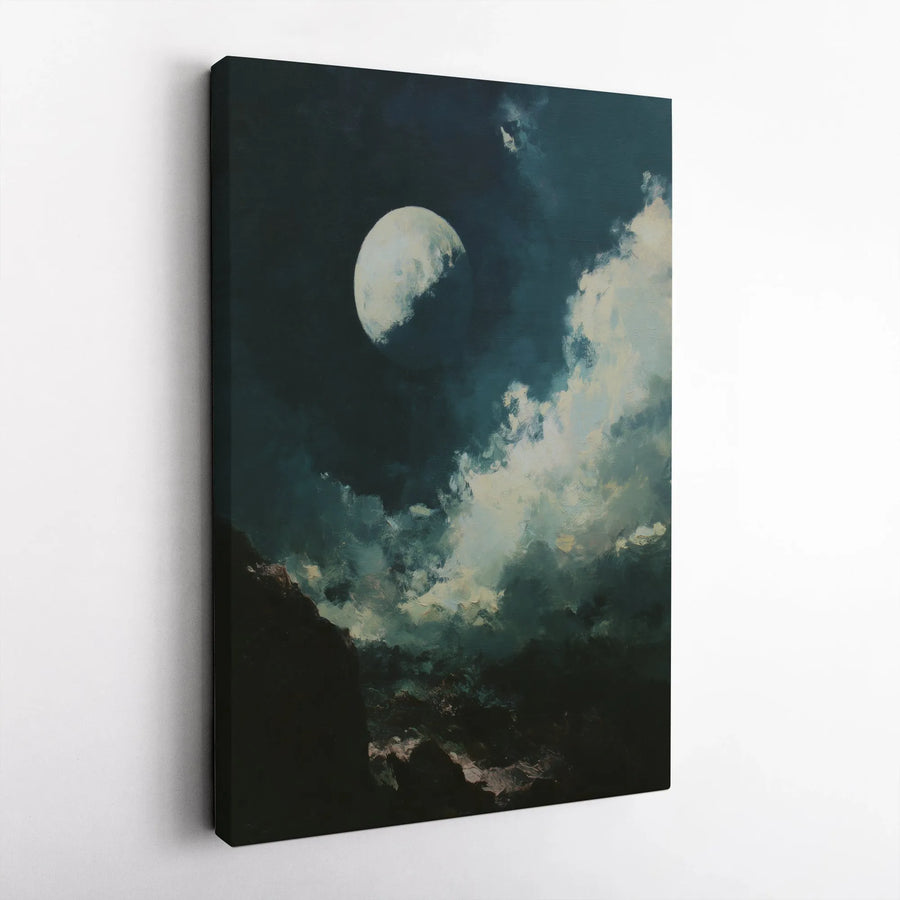 Moody Night Sky Canvas Print | Impressionist Moon and Clouds Over Mountains Wall Art | Premium Gallery Wrapped Decor | Gift for Nature Lovers