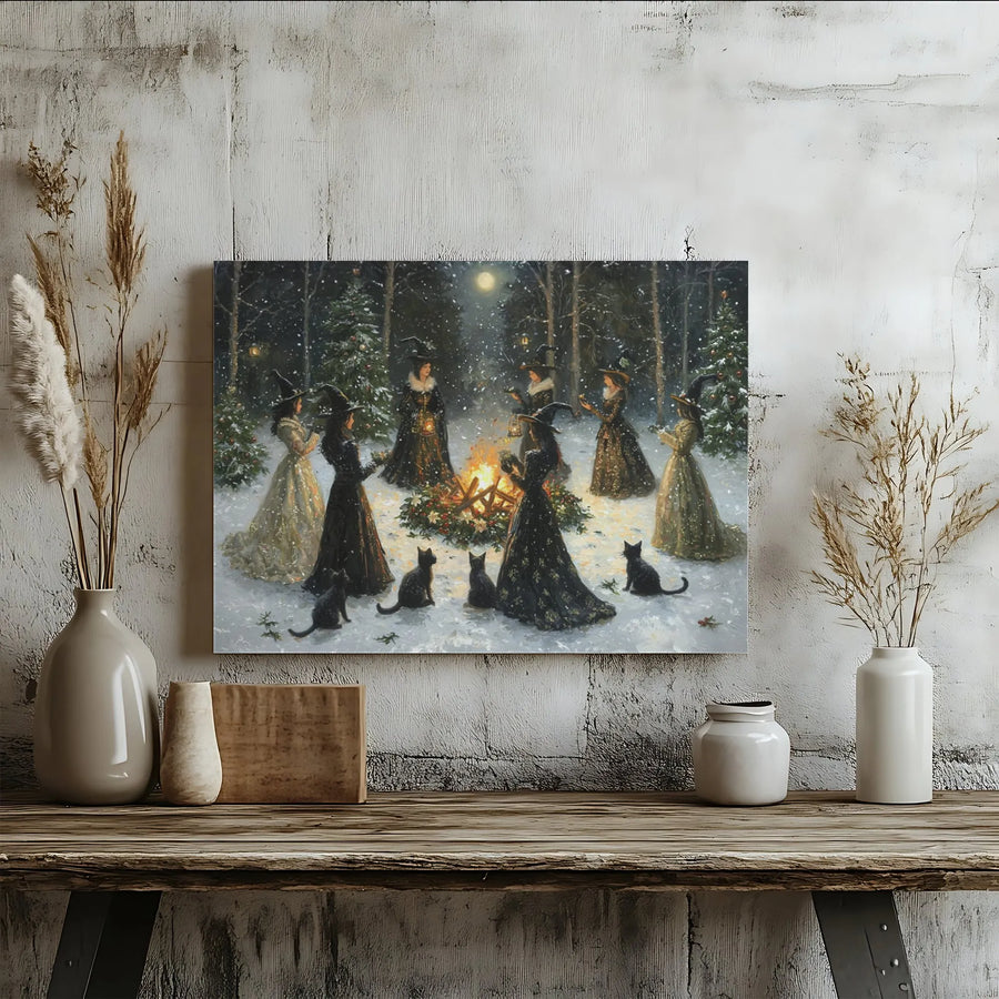 Winter Solstice Witch Canvas | Coven Gathering Bonfire Art | Gallery Quality 1.25 Inch Wrap | Pagan Yule Home Decor Gift