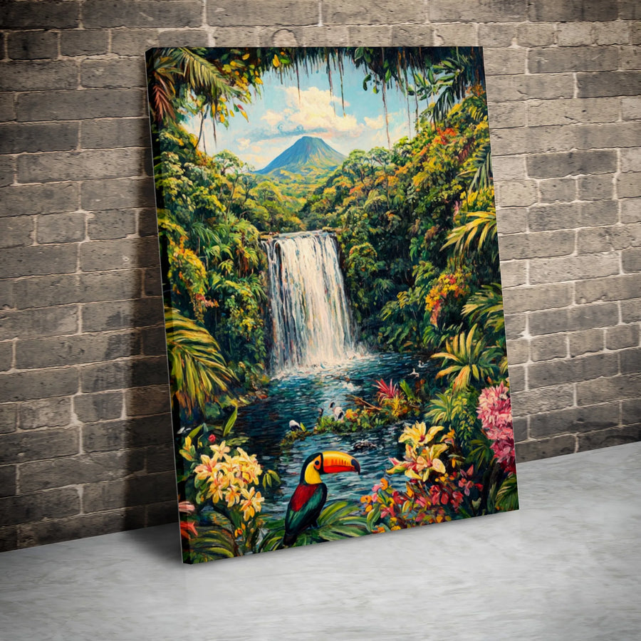 Tropical Jungle Canvas Wall Art | Toucan & Waterfall Painting Print | Premium 1.25" Thick Gallery Wrap | Nature Lover Gift for Home Decor