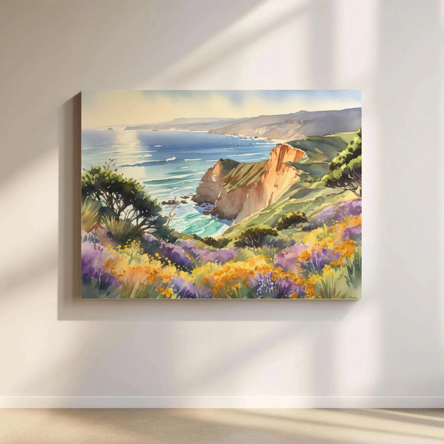 Coastal Cliffs Wall Art | Watercolor Ocean Landscape with Wildflowers | Premium Gallery Wrapped Canvas | Serene Beach Home Decor Gift