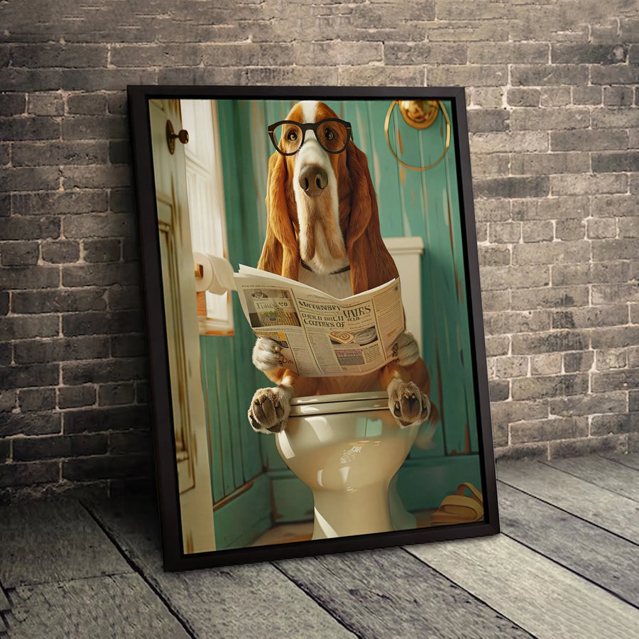 Basset Hound Wall Art | Funny Dog Reading Newspaper On Toilet | Premium Gallery Canvas | Humorous Bathroom Decor Gift